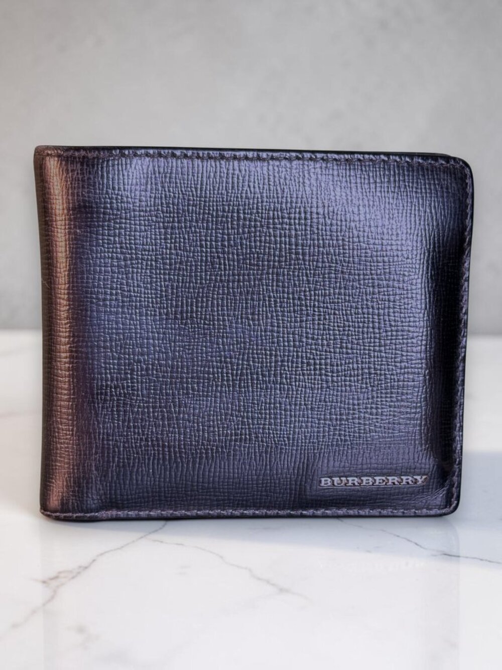 Burberry Mens Vintage Black Leather Bifold Wallet with Coin Pocket and COA